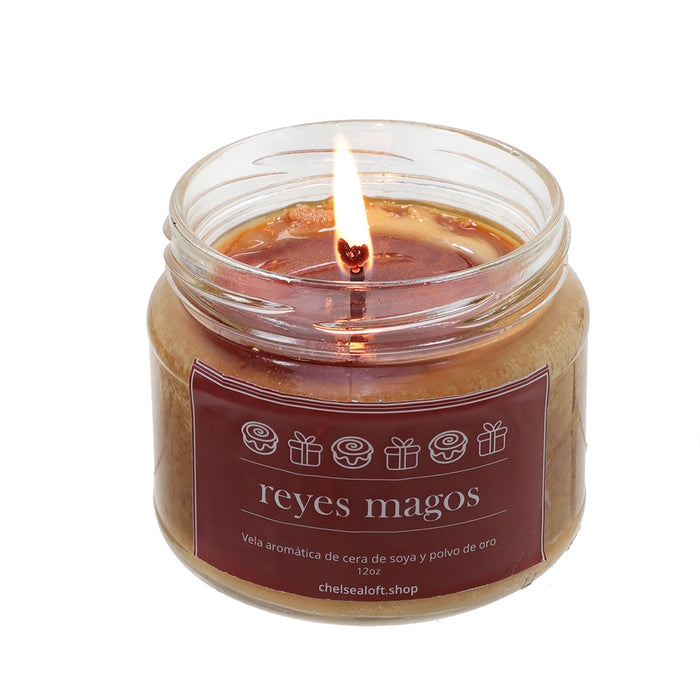 AN12RM Vela Reyes Magos Con Cera De Soya y Polvo De Oro 12 Oz.
