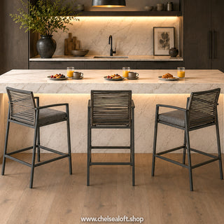 SCL58BCG Banco Cocina Mallorca Gris con Ratán y Acero.
