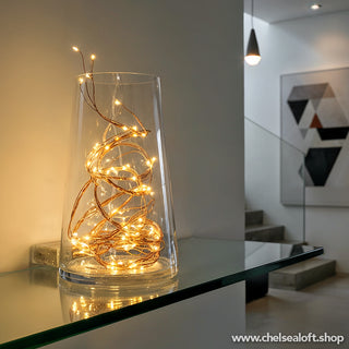 TCB9BCO Cascada Alambre Cobre Luces LED Blanco Calido bateria 2 mts.