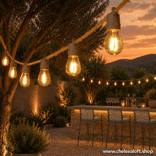 LH028B SERIE DE 10 FOCOS COLGANTES PARA EXTERIOR CON EXCLUSIVO, CORDÓN DE DISEÑADOR YUTE Y SOCKET TAUPÉ SIN PANTALLA 5 MTS(STRING LIGHTS) Descripción adicional: Cable eléctrico forrado, con acabado yute resistente al agua para exterior.