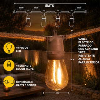 LH028B SERIE DE 10 FOCOS COLGANTES PARA EXTERIOR CON EXCLUSIVO, CORDÓN DE DISEÑADOR YUTE Y SOCKET TAUPÉ SIN PANTALLA 5 MTS(STRING LIGHTS) Descripción adicional: Cable eléctrico forrado, con acabado yute resistente al agua para exterior.