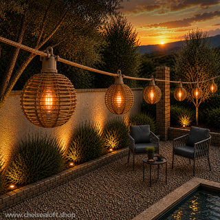 LH028AP SERIE DE 10 FOCOS COLGANTES CON PANTALLA PARA EXTERIOR CON EXCLUSIVO, CORDÓN DE DISEÑADOR YUTE Y SOCKET TAUPÉ 5 MTS(STRING LIGHTS) Cable eléctrico forrado, con acabado yute resistente al agua para exterior; con pantalla de ratán sintético