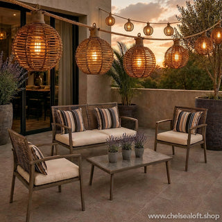 LH028AP SERIE DE 10 FOCOS COLGANTES CON PANTALLA PARA EXTERIOR CON EXCLUSIVO, CORDÓN DE DISEÑADOR YUTE Y SOCKET TAUPÉ 5 MTS(STRING LIGHTS) Cable eléctrico forrado, con acabado yute resistente al agua para exterior; con pantalla de ratán sintético