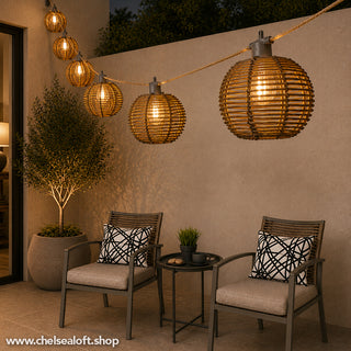 LH028AP SERIE DE 10 FOCOS COLGANTES CON PANTALLA PARA EXTERIOR CON EXCLUSIVO, CORDÓN DE DISEÑADOR YUTE Y SOCKET TAUPÉ 5 MTS(STRING LIGHTS) Cable eléctrico forrado, con acabado yute resistente al agua para exterior; con pantalla de ratán sintético