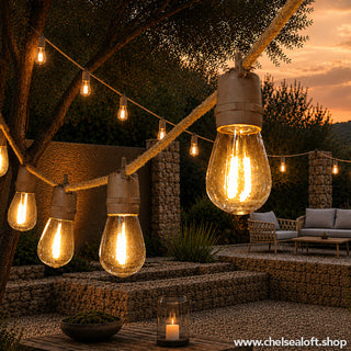 LH028B SERIE DE 10 FOCOS COLGANTES PARA EXTERIOR CON EXCLUSIVO, CORDÓN DE DISEÑADOR YUTE Y SOCKET TAUPÉ SIN PANTALLA 5 MTS(STRING LIGHTS) Descripción adicional: Cable eléctrico forrado, con acabado yute resistente al agua para exterior.