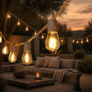 LH028B SERIE DE 10 FOCOS COLGANTES PARA EXTERIOR CON EXCLUSIVO, CORDÓN DE DISEÑADOR YUTE Y SOCKET TAUPÉ SIN PANTALLA (STRING LIGHTS) Descripción adicional: Cable eléctrico forrado, con acabado yute resistente al agua para exterior.