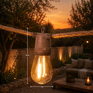 LH028B SERIE DE 10 FOCOS COLGANTES PARA EXTERIOR CON EXCLUSIVO, CORDÓN DE DISEÑADOR YUTE Y SOCKET TAUPÉ SIN PANTALLA (STRING LIGHTS) Descripción adicional: Cable eléctrico forrado, con acabado yute resistente al agua para exterior.