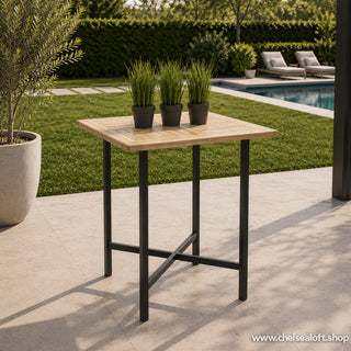 TGF20M Mesa de Bar con cubierta de Teca Fina y base de acero forjado 80cm.(L) x80cm.(P) x105cm.(A)