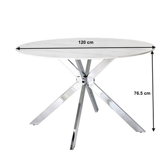 TC2411BC Mesa Redonda 120cm. Cerámica Blanca Nube y Base Cromo