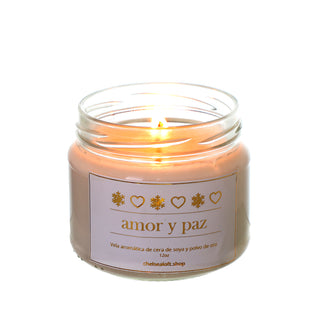 AN12AP Vela Amor y Paz Con Cera De Soya Y Polvo De Oro 12 Oz
