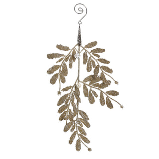 RH1618 Ornamento Rama Con Hojitas Y Perlas Champaña 30 Cm.